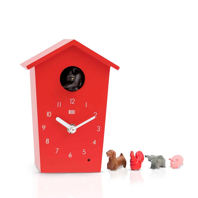 KOOKOO AnimalHouse red, Small Cuckoo Clock with 5 Farm Animals Sounds (Natural Field Recordings) - Image 1